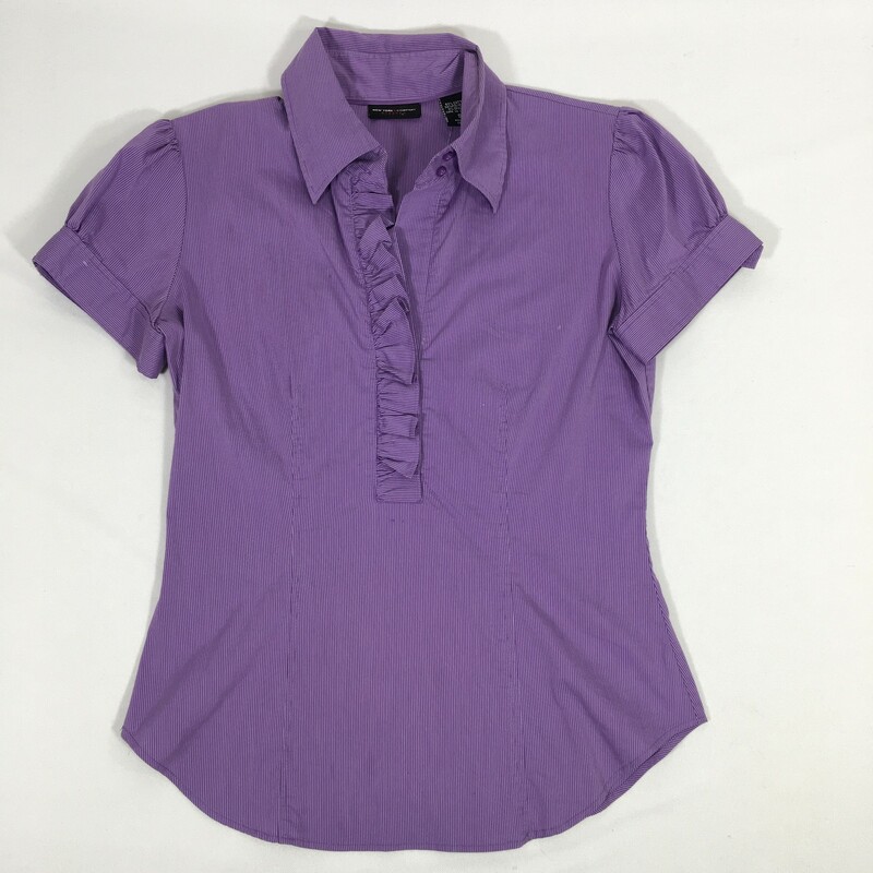 120-185 New York & Compan, Purple, Size: Small Purple striped short-sleeved blouse with ruffle detailing  Cotton/Polyester/Spandex