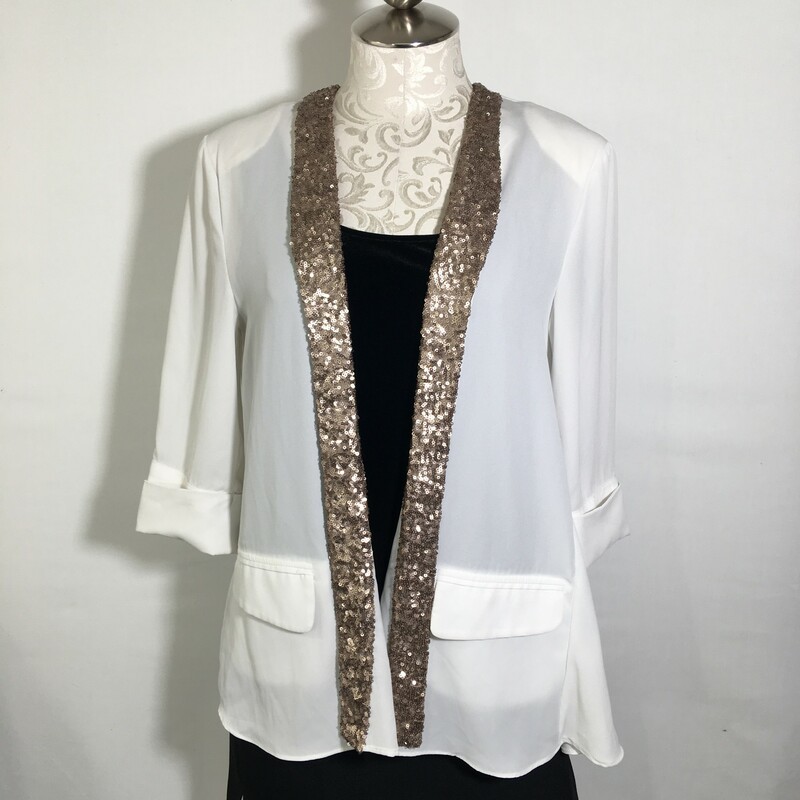 120-355 Double Zero, White, Size: Medium white blouse with gold sequins in the front 100% polyester  good