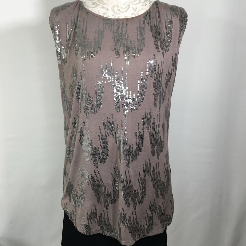 120-380 Velvet, Grey, Size: Medium grey tank top with thick straps and sequin patterns  100% rayon  good