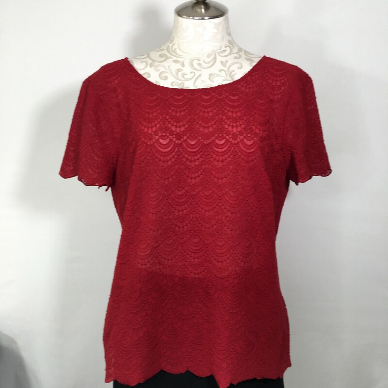 120-381 Loft, Red, Size: Medium red lace short sleeve shirt with scalloped edges 100% polyester  good