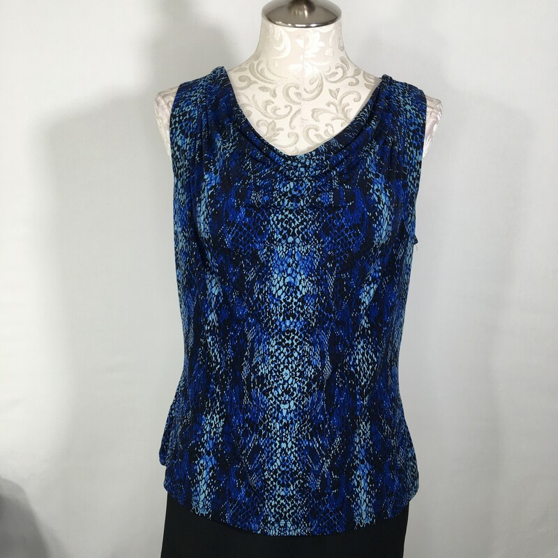 120-385 Calvin Klein, Blue, Size: Large petite cowl neck tank top with a blue and black reptile pattern 95% polyester 5% spandex  good