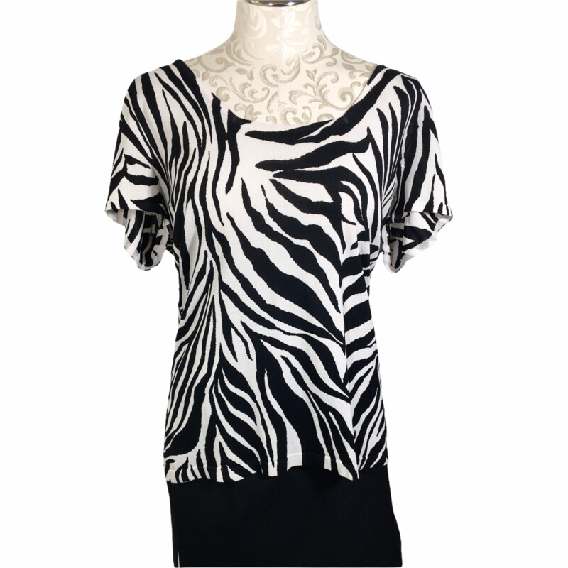 120-403 Dana Buchman, Black An, Size: Large short sleeve zebra pattern sweater shirt 63% rayon 37% nylon  good