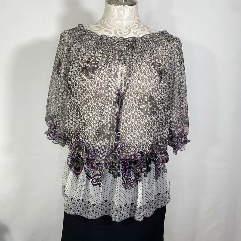 120-419 Pinky, Grey, Size: Medium sheer off the shoulder purple brown and grey blouse 100% polyester  good