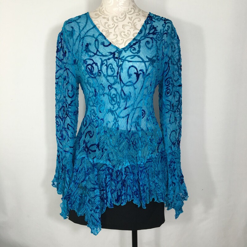 120-427 Cache, Blue, Size: Coverups size large textured sheer blue long sleeve blouse 100% polyester  good