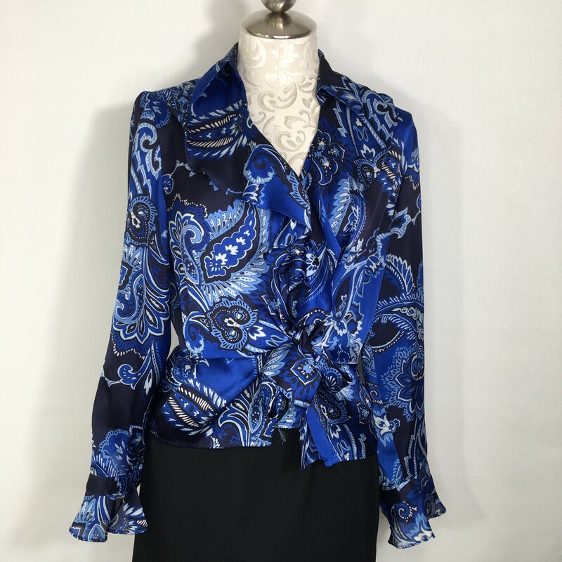 120-428 Jones New York, Blue, Size: Large petite patterned silky blouse with ruffles and a wrap in the front 100% polyester  good