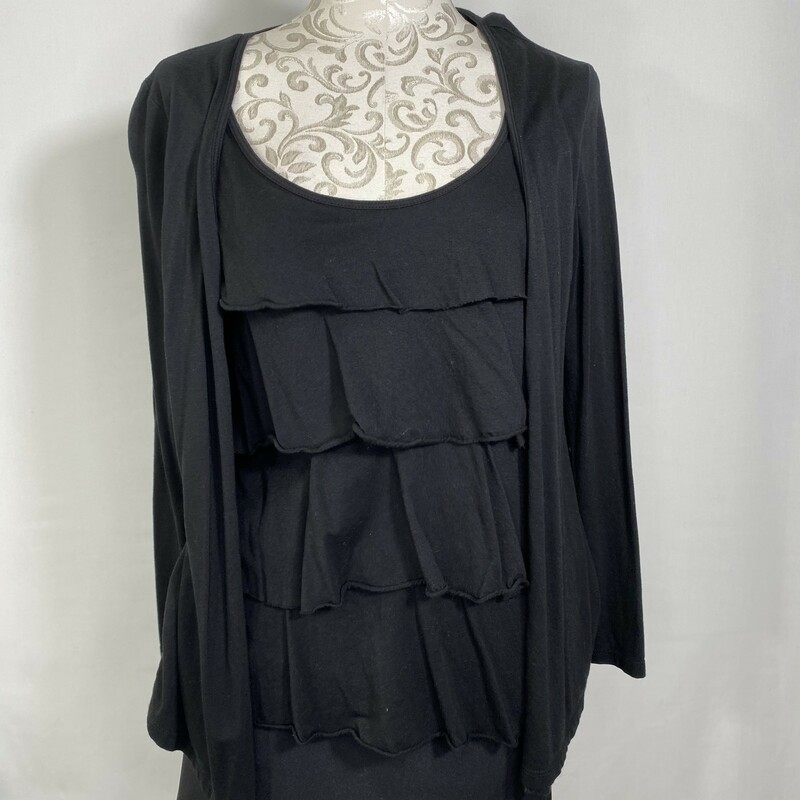 120-430 Chicos, Black, Size: 0 black ruffle long sleeve shirt with built in cardigan 50% dima 50% modal  good