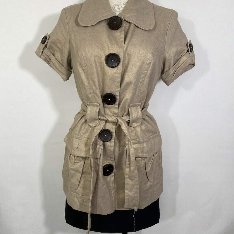 120-433 Kensie, Tan, Size: Large short sleeve tan and gold jacket  55% linen 45%cotton  good