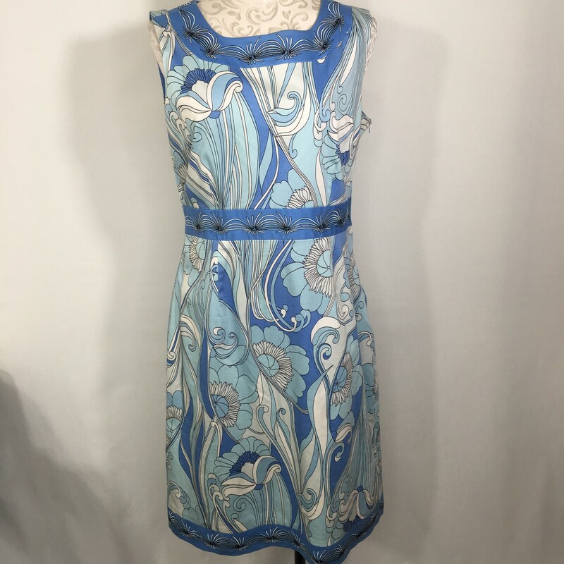 120-450 Jillian Jones, Blue, Size: 12 patterned thick strap tank top blue and white dress 97% cotton 3% spandex  good