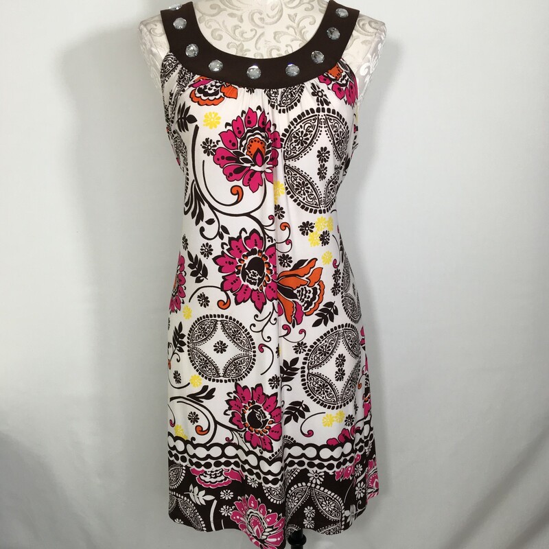 120-454 Candie's, Multicol, Size: Small brown haletr dress with gems and pink orange and yellow floral pattern 95% polyester 5% spandex  good