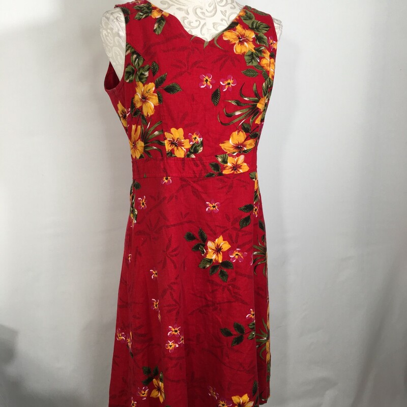 120-459 Erika Dresses, Red, Size: Medium tank top v neck dress with hawaiian flowers on it 55% linen 45% rayon  good