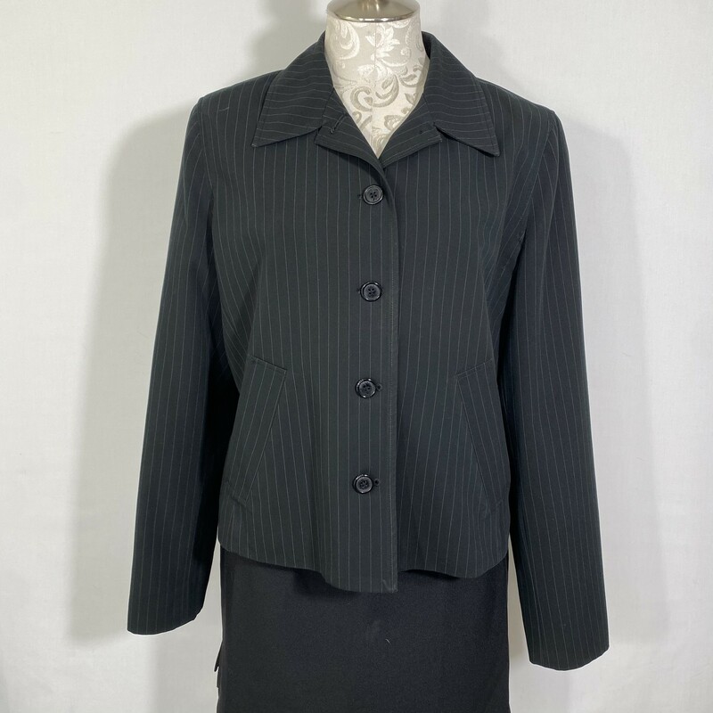120-474 Isaac Mizrahi, Black, Size: Large black blazer with thin grey stripes and 3 buttons 75% polyester 20% rayon 5% spandex  good