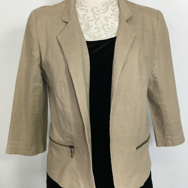 120-485 Roz&ali, Tan, Size: Medium beige linen id length sleeve blazer with no buttons 63% cotton 35% polyester 2% spandesx  good