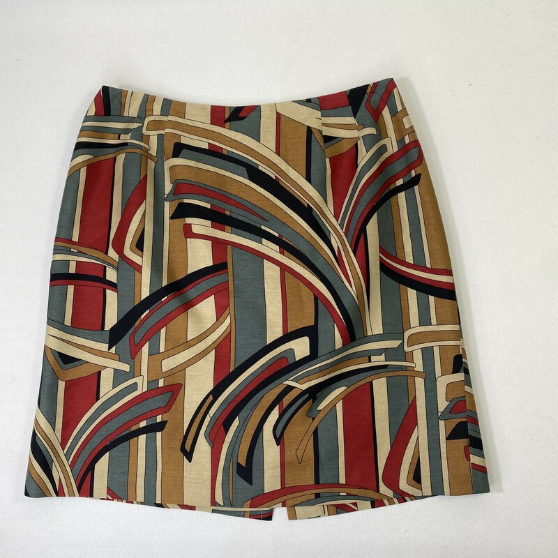 120-497 Talbots, Multicol, Size: 12 red brown blue and beige patterned skirt 55% silk 45% wool   good