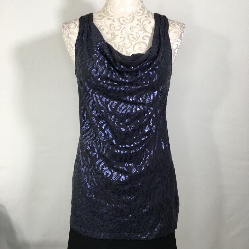 125-038 Cynthia Rowley, Blue, Size: Small cowl neck tank top with sequins all over 100% cotton  good