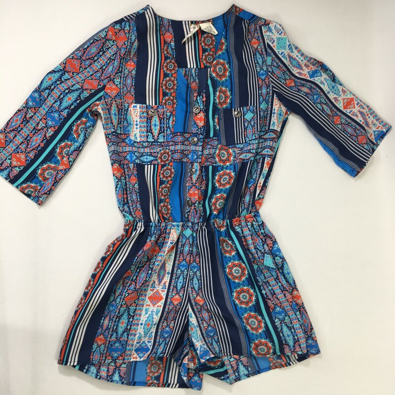 125-041 Mimi Chica, Multicol, Size: Xs blue orange and white patterned button up romper 100% polyester  good