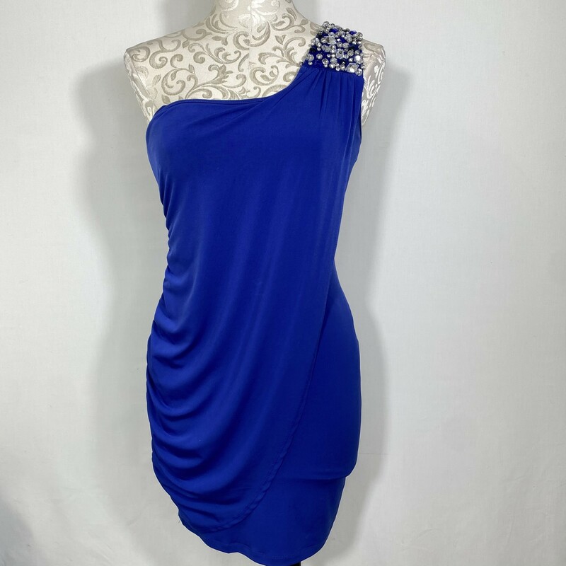 125-042 Ruby Rox, Blue, Size: Small one shoulder royal blue dress with gems on the sleeve 95% polyester 5% spandex  good