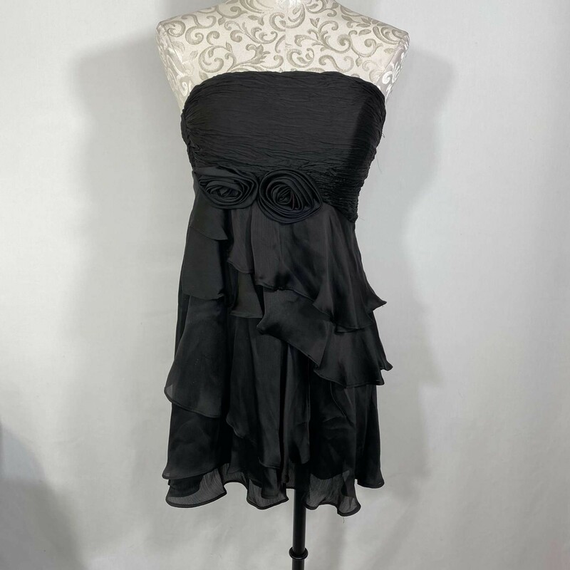 125-053 Aggie, Black, Size: Small strapless black dress with textures of roses on it 100% polyester  good