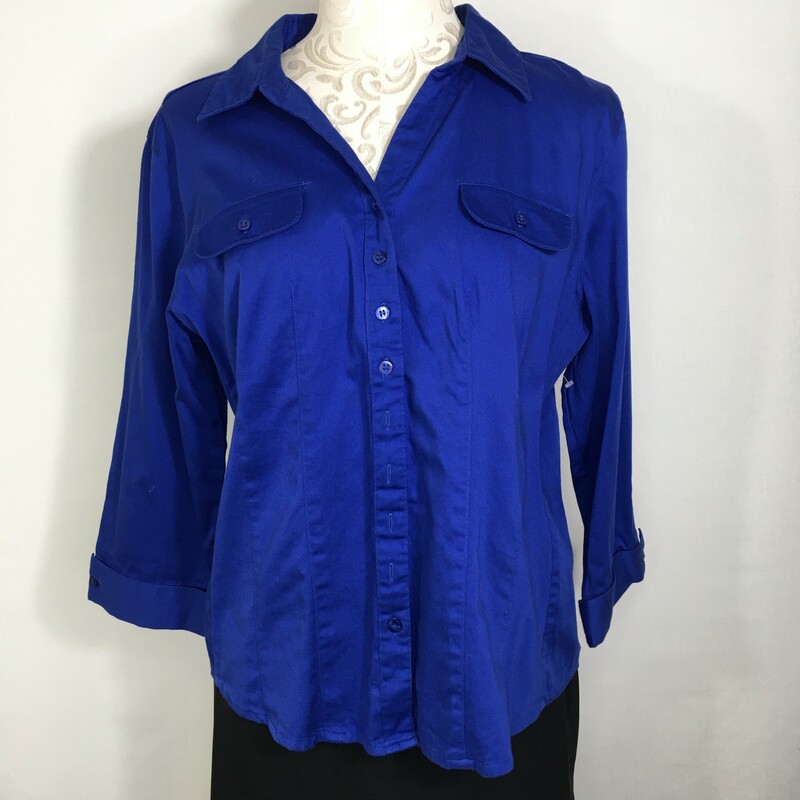 125-069 Dressbarn, Blue, Size: XL royal blue button up blouse 97% cotton 3% spandex  good