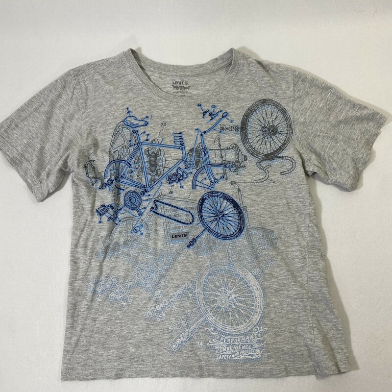 125-076 Levis, Grey, Size: Large grey tshirt with blue bike design on it 90% cotton 10% polyester  good