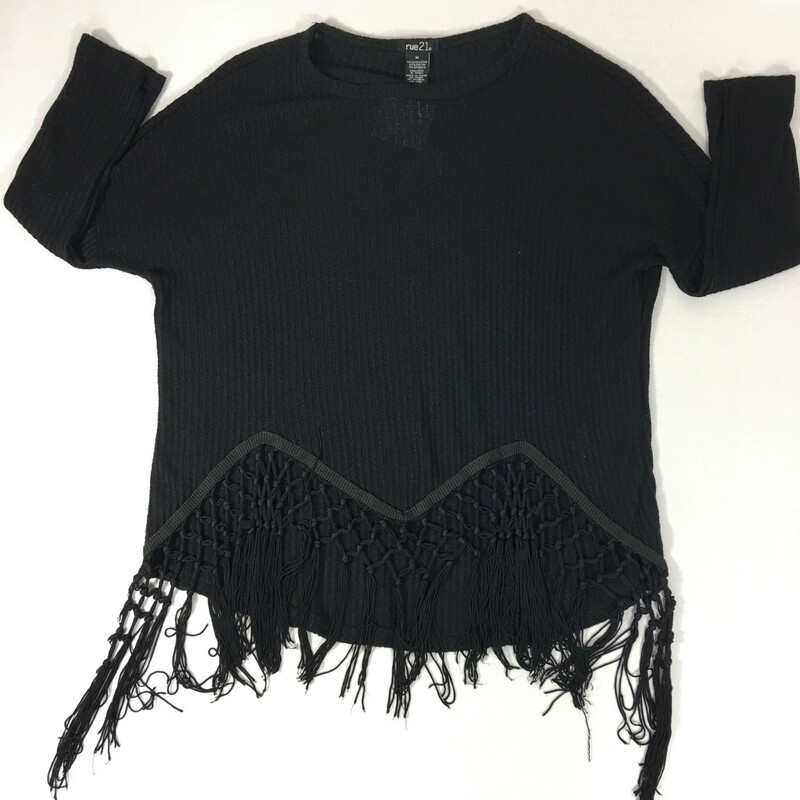 125-085 Rue21, Black, Size: Medium black sweater with fringe at the bottom 54% polyester 43% rayon 3% spandex  good