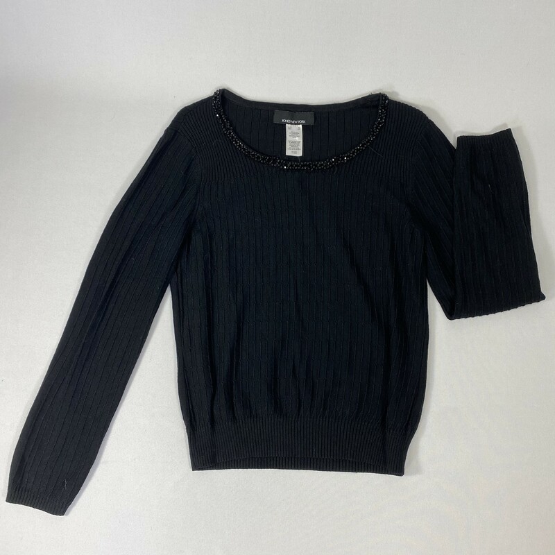 125-088 Jones New York, Black, Size: Small black sweater with beading around the neck 83% rayon 17% nylon  good