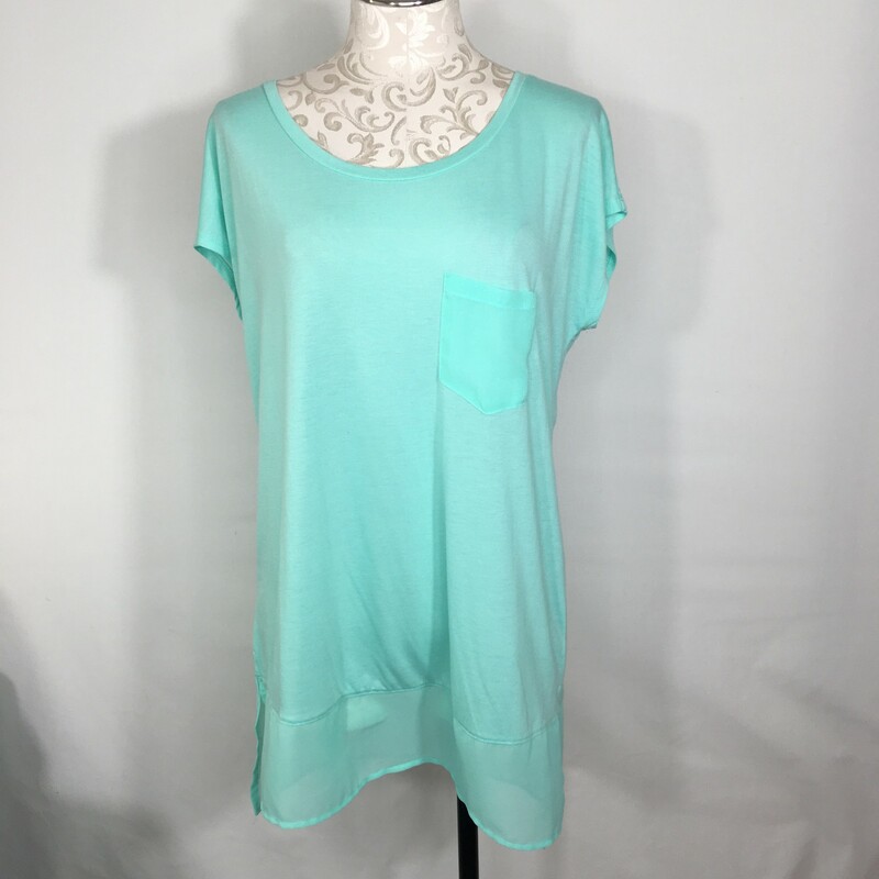 126-016 Rewind, Blue, Size: Large blue slowy shirt with sheer detailing on the bottom no tag  good