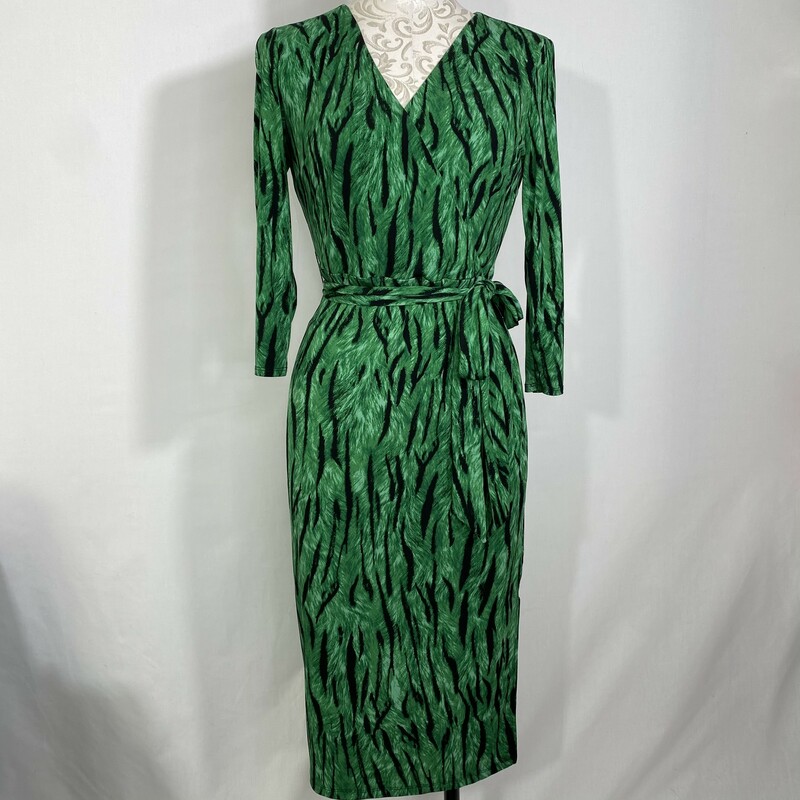 131-010 International Con, Green An, Size: Small long sleeve green and black patterned wrap dress 95% polyester 5% spandex