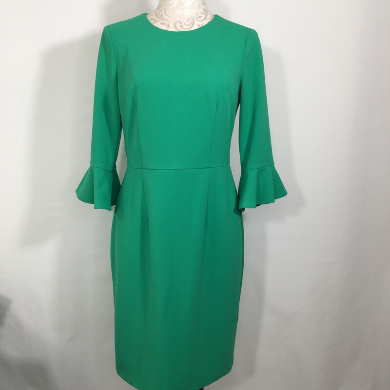 131-011 Donna Morgan, Green An, Size: 4 mid lenth sleeve with ruffle straight green dress 96% polyester 4% spandex