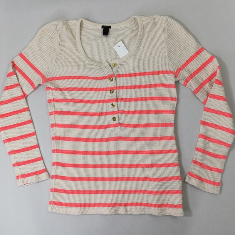 J. Crew Waffle Knit Top, White, Size: Small Pink striped with gold buttons 100% cotton