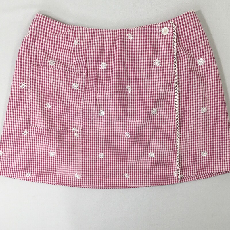 Loue Forty Plaid Skirt, Pink, Size: Medium Plaid overlay skirt with embroidered flowers and pocket 100% cotton