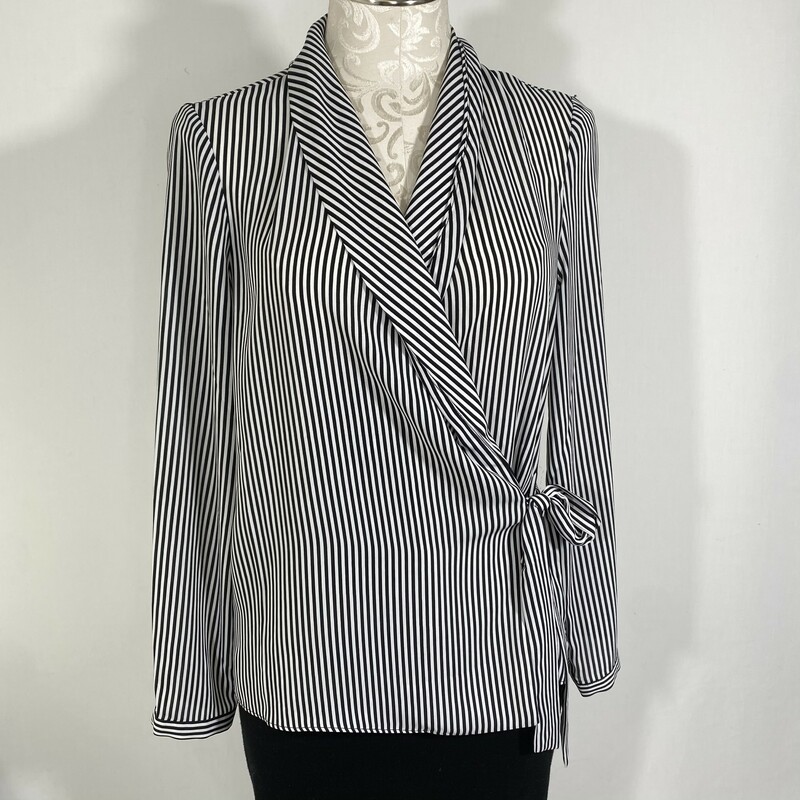 Adrianna Papell Striped, Black, Size: Small Wrapped collar blouse black and white striped
