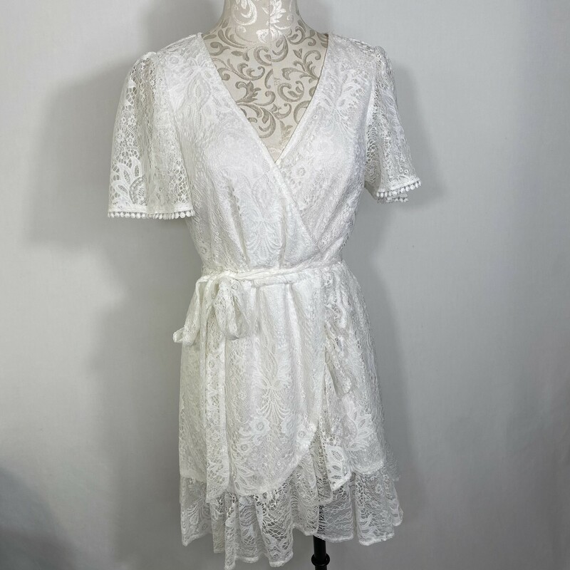 Flying Tomato Lace Dress, White, Size: Small wrap ruffle dress. 70% nylon 30% polyester