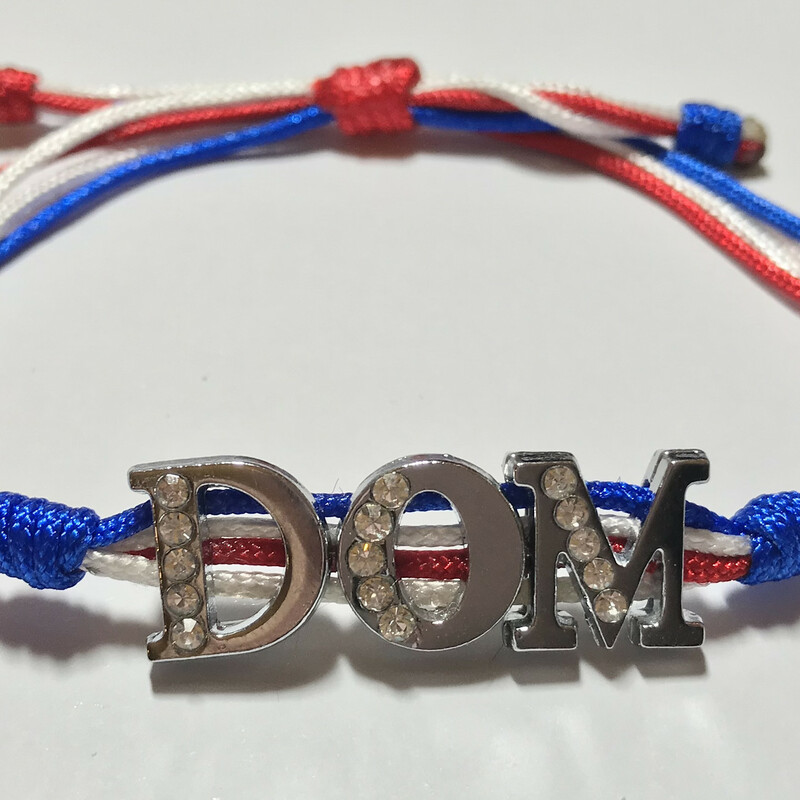 Country Name Br0045-dom A, Rep. Dom, Size: Bracelet
Silk Nylon Cord - Silver Plated Letters Charms