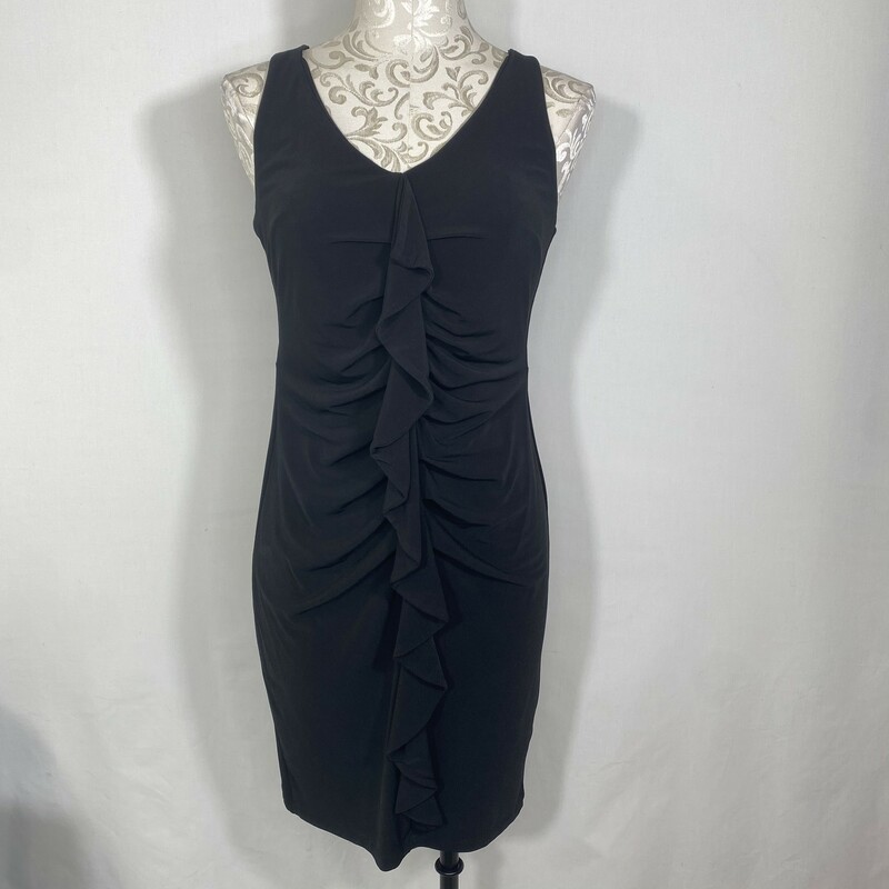 100-0129 Valerie Bertinel, Black, Size: 8 tight dress with ruffle down the center 95% polyester 5% spandex  Good Condition