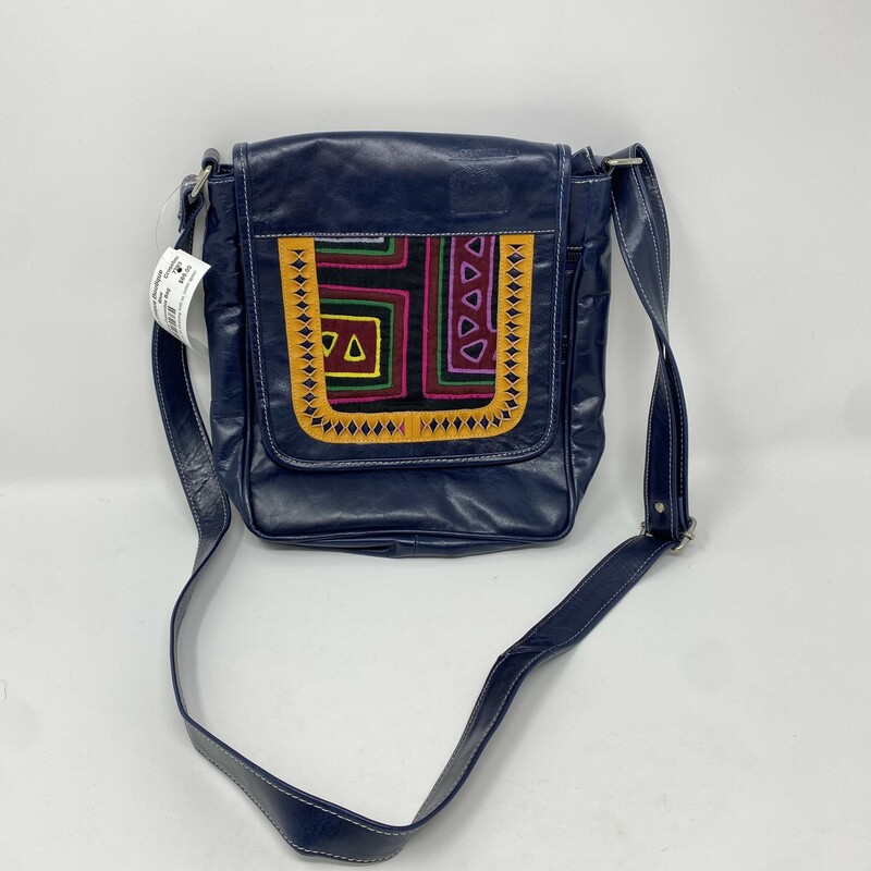 Arte Kuna Colombia Bag, Blue, Size: Crossbody genuine cow leather flap back bag with patterns on front and pockets inside