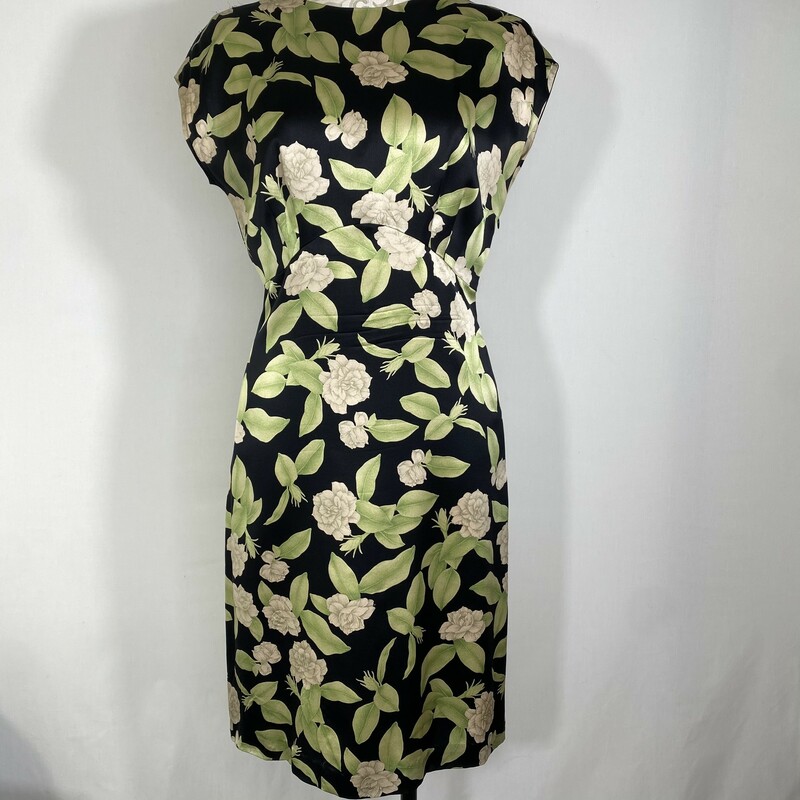 100-0148 None, Black/gr, Size: Medium black dress with white flowers and green leaves  silk  good condition
