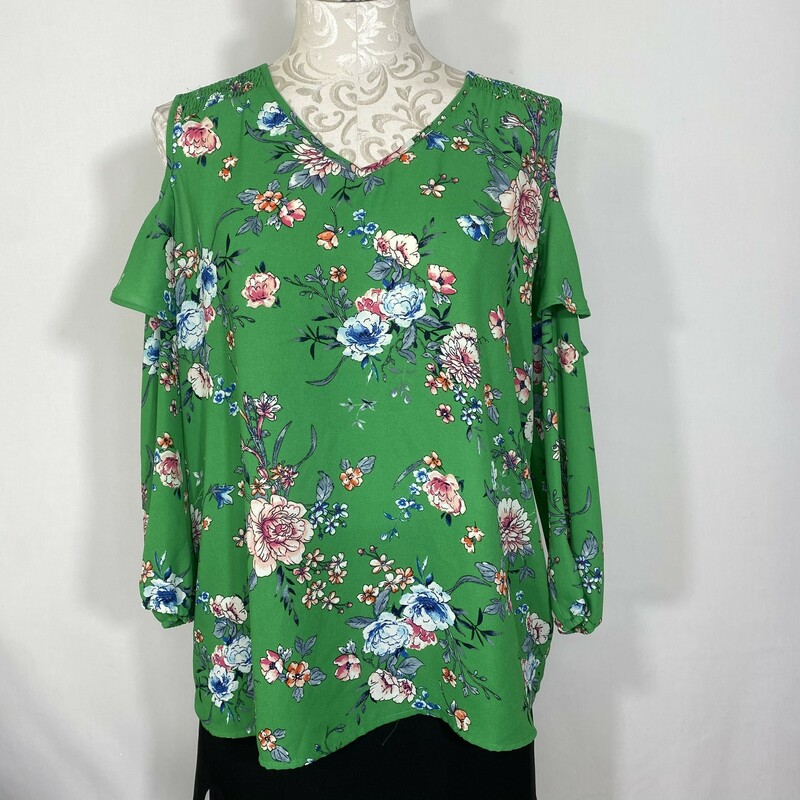 Roz&Ali Cold Shoulder Floral, Green, Size: Large 100% Polyester