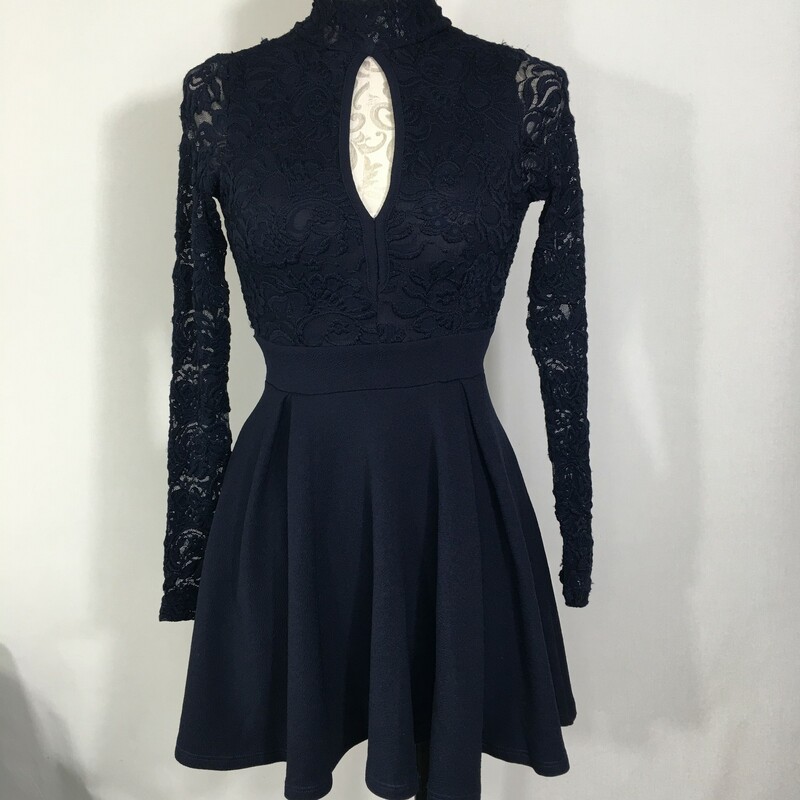 Windsor Lace Skater Dress, Blue, Size: XS long sleeve keyhole dress 60% nylon 38% polyester 2% spandex