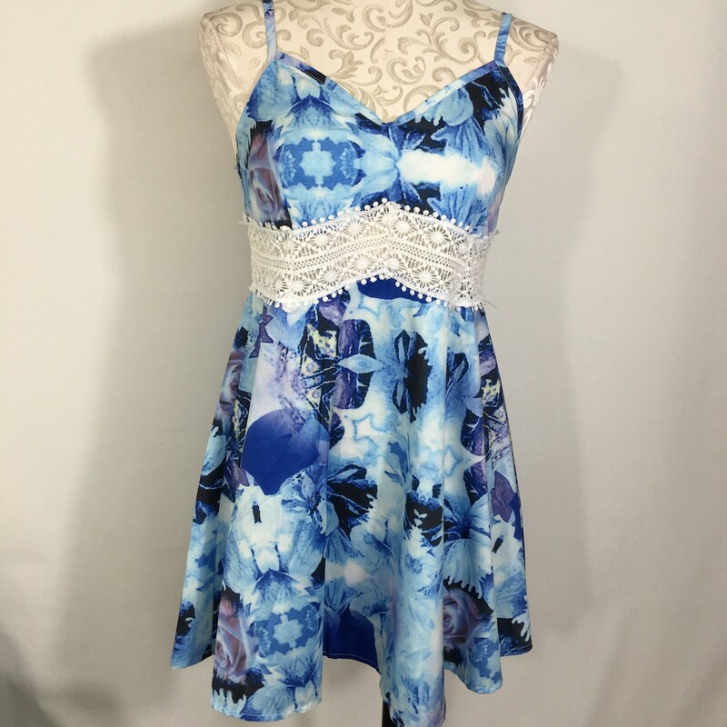 Mei Na Fashion Tank Dress, Blue, Size: Medium lace cutout around waist floral pattern