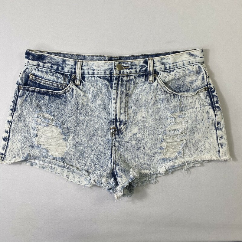 100-187 Forever 21 Acid W, Blue, Size: 31 acid wash ripped shorts with fraying on bottom