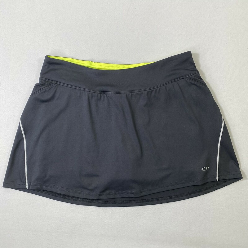 105-198 Champion, Grey, Size: Medium Over skirt 90% polyester 10% spandex neon yellow shorts liner. Inside pocket waist back