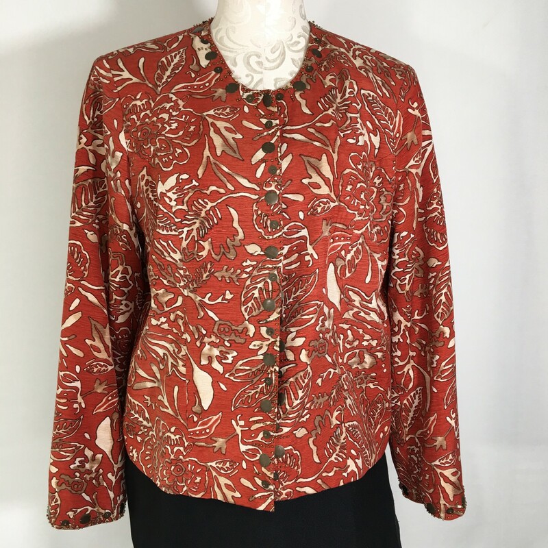 100-319 Trenz By Theresa, Orange, Size: Large patterned and beaded light jacket 85% silk 15% viscose