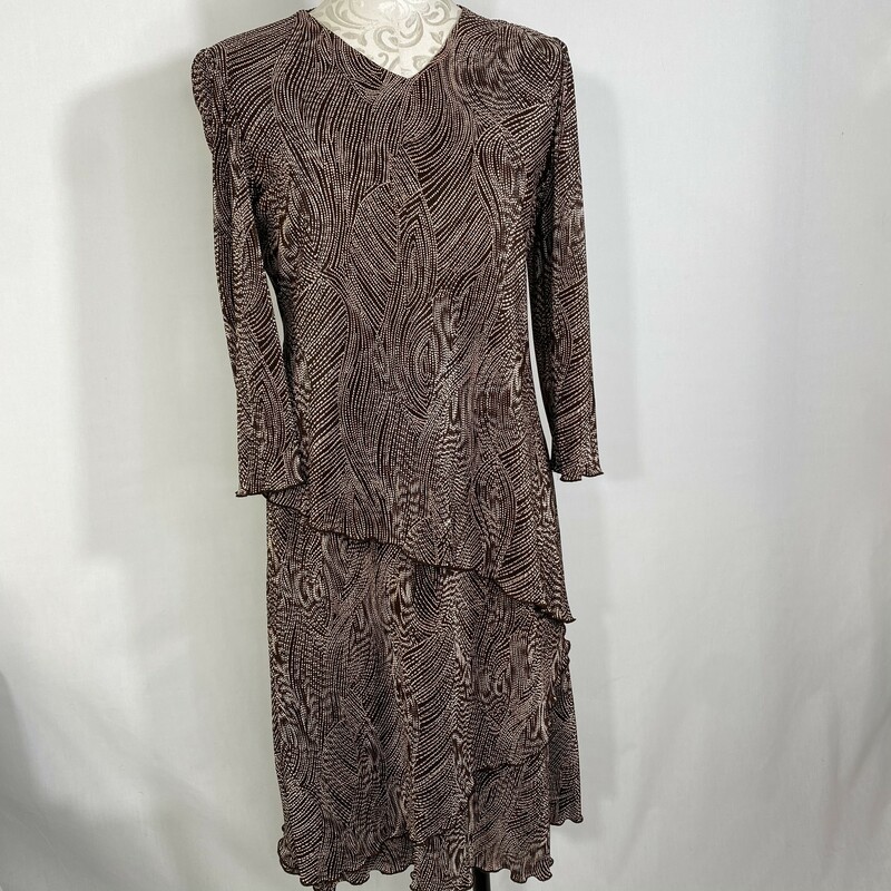 100-146 Connected Apparel, Brown, Size: 12 long sleeve ruffle patterned dress with v neck