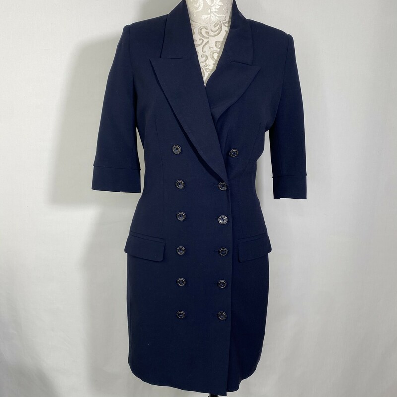 100-083 Venus Short Sleev, Blue, Size: 2 navy blue collared long button up jacket