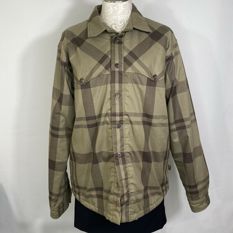 114-017 Stussy Plaid, Green, Size: Medium puffy button up jacket with collar