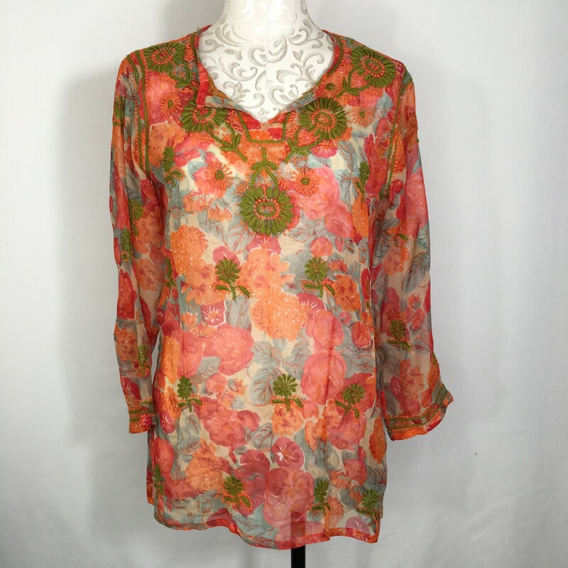 100-253 Sheer Coverup, Orange, Size: 42 embroidered sheer long sleeve