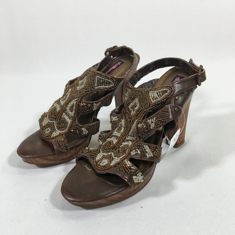 Dollhouse Beaded Heels, Brown, Size: 9 wood heels
