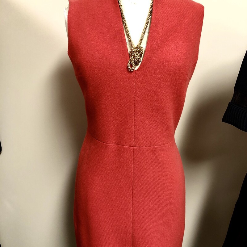 .VICTORIA  BECKHAM Sheath Dress.  This is a USA 6, sleeveless,  v neck,accompanied with adjustable and if desired detachable 3 snapped belt.  Black lining and has a zippered closurei in back.  Designed for a slim fit.  As with all sheaths it's truly classic and can be dressed up as well as dressed down.  Lovely!!