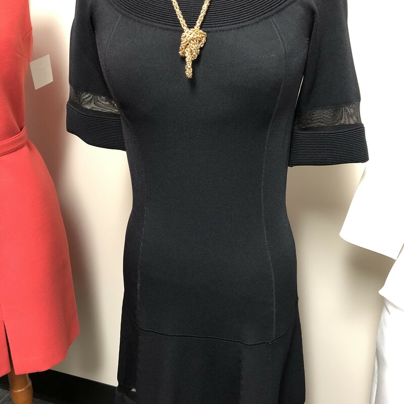 PHILOSOPHY  di ALBERTA  FERRETTI .  Size S.  This has 3/4 sleeves, scoop neck, mesh accents on sleeves as well as hem, slip on.  Fabric:  64% rayon, 36% nylon. Measurements:  32\" bust, 36\" length.  Typically runs true to size by this designer.  Slight  flair at base.  Simplicity is truly elegance.