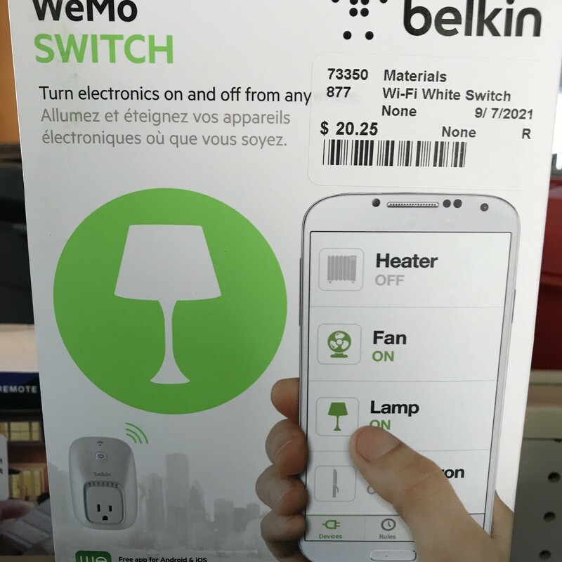 Belkin WeMo Wi-Fi White Switch

The Belkin WeMo Wi-Fi White Switch F7C027FC uses one's existing WiFi network to provide simple wireless control of household appliances and lights. Using the WeMo app, it can turn on appliances, even if one is not at home. No hub or subscription is required, rather, one needs to plug it into an electrical outlet to control it using a smartphone.